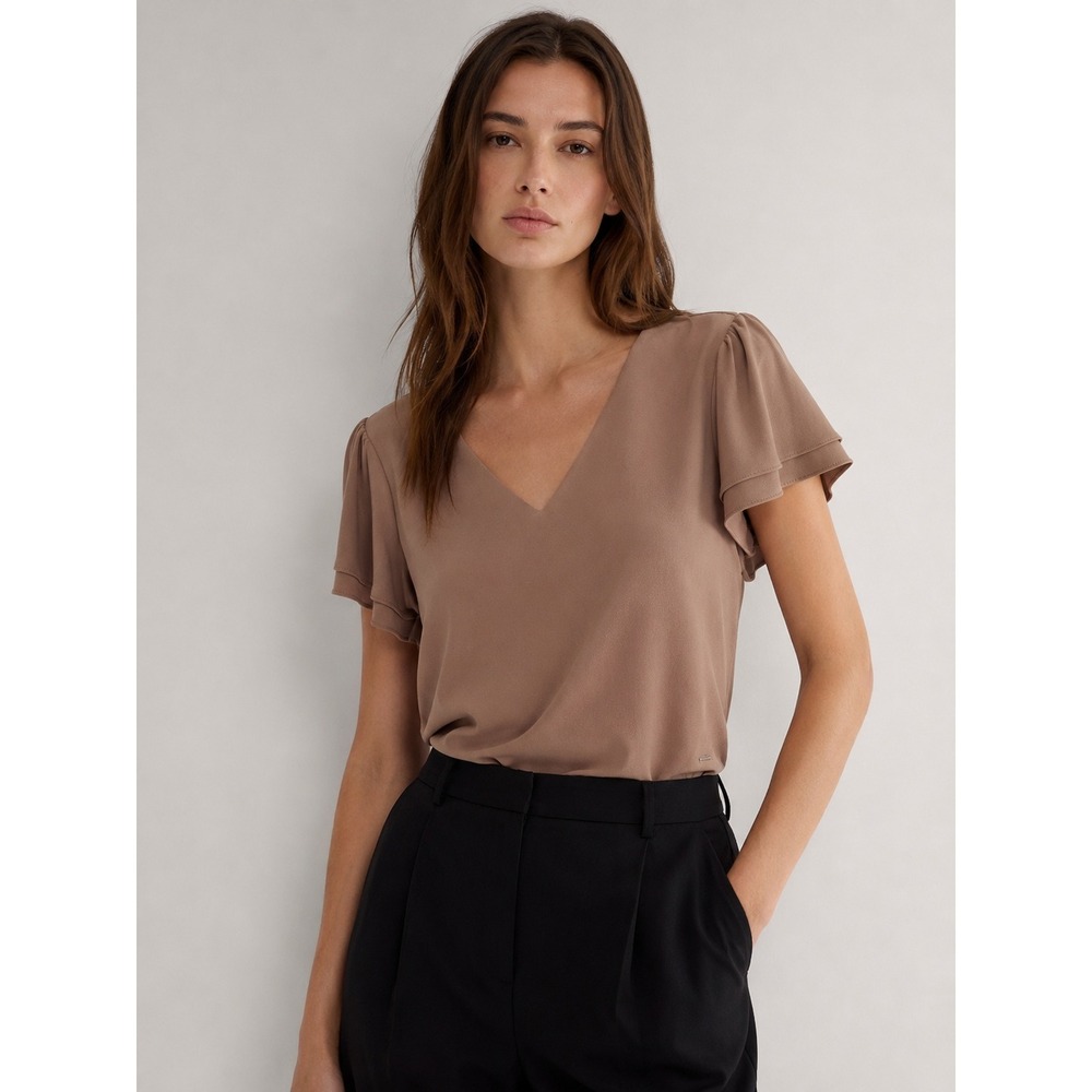 Calvin Klein Womens Mocha Brown Flutter Sleeve V-Neck Blouse Top Size Medium